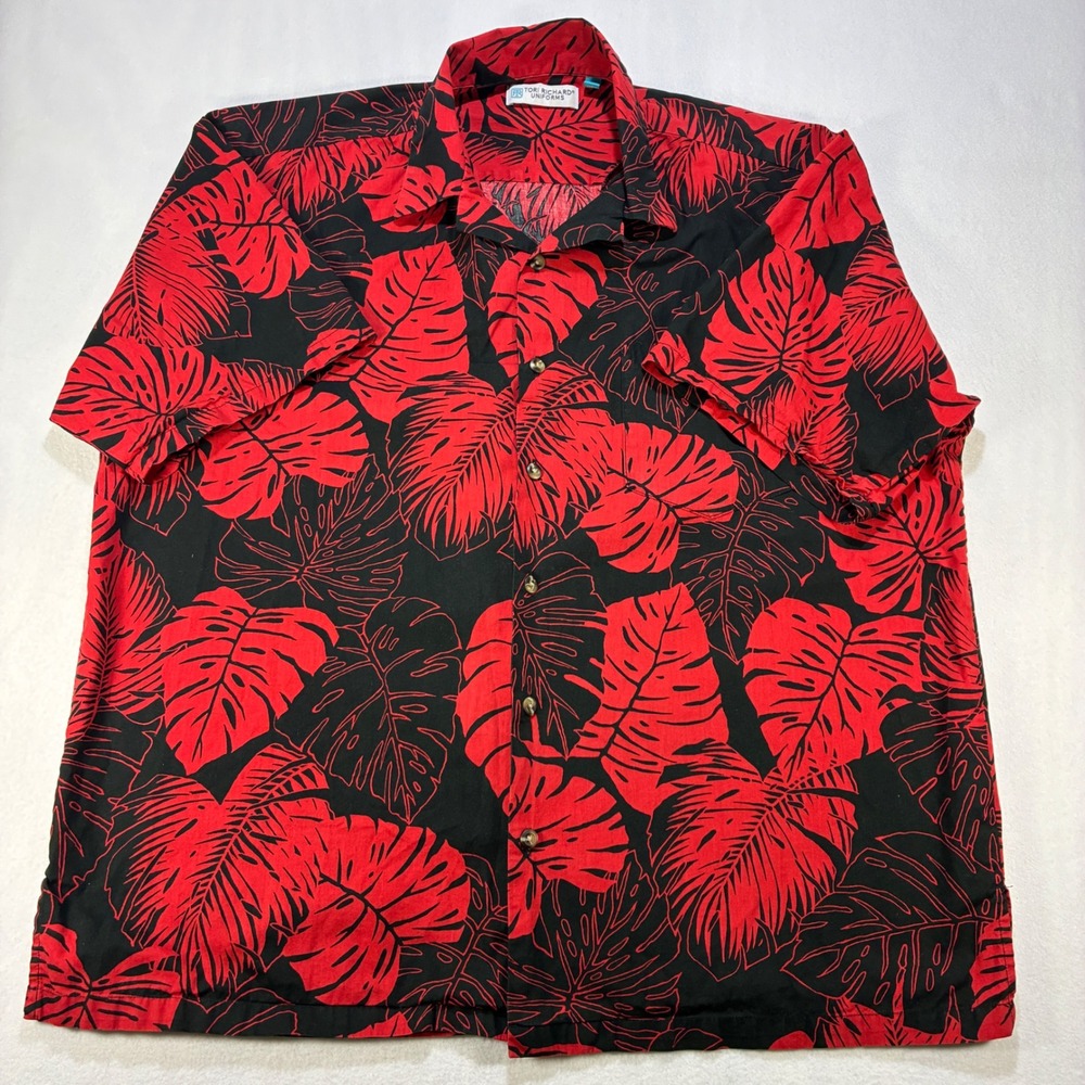 Tori Richard Uniforms Monstera Leaf Hawaiian Shirt Mens XL Red Black Tropical